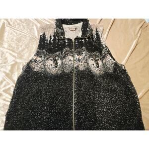 Vtg 90's Black Outback Fleece Vest Mens M Black White Wolves Stars Night Sky